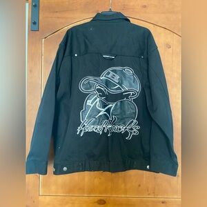 Y2K School Of Hard Knock SOHK Black Denim Jean Jacket with Large Graphic Size L